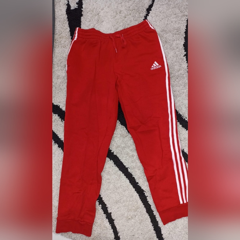 Adidas Red XL Joggers with White Stripes